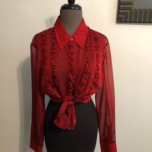 Ruffle front business casual, jazzy w/ tied knot